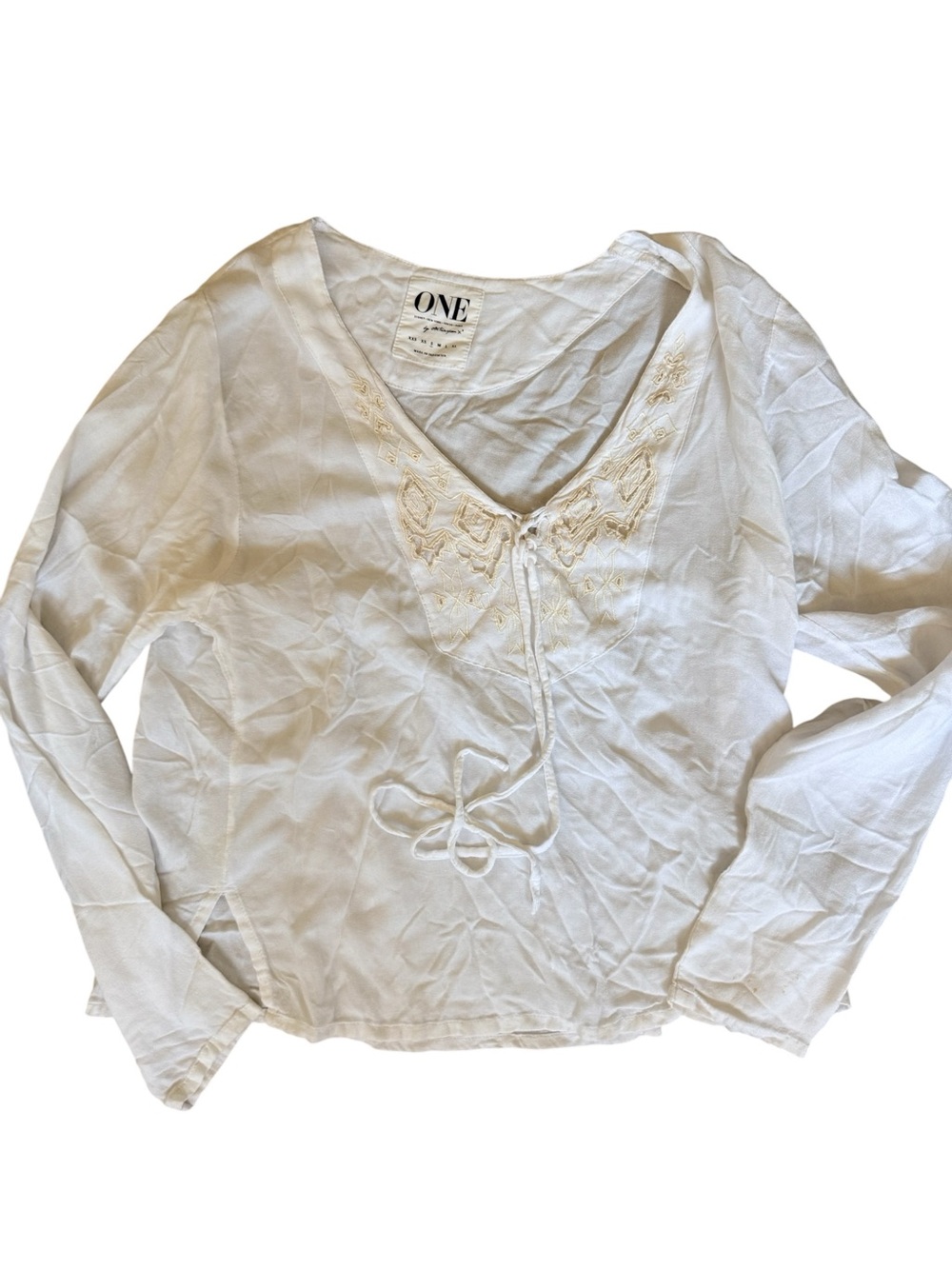 One Teaspoon White Embroidered V-Neck Tie-Front Tunic